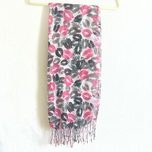 White Semi Sheer Fringed Rectangular Scarf With Black And Red Lips